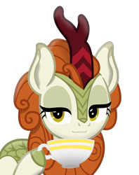 Size: 2152x2720 | Tagged: safe, artist:zylgchs, autumn blaze, kirin, sounds of silence, cup, female, hoof hold, lidded eyes, looking at you, simple background, smiling, smiling at you, smug, solo, teacup, transparent background, vector
