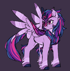 Size: 1678x1704 | Tagged: safe, artist:cloud-drawings, twilight sparkle, twilight sparkle (alicorn), alicorn, kirin, sounds of silence, female, kirin-ified, purple background, simple background, solo, species swap, spread wings, winged kirin, wings