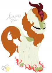 Size: 1200x1679 | Tagged: safe, artist:wulfieshydev, autumn blaze, kirin, pony, season 8, sounds of silence, blush sticker, blushing, cute, eyes closed, female, mare, signature, simple background, solo, white background