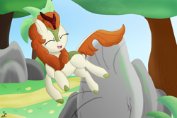 Size: 3000x2000 | Tagged: safe, artist:smartcookiepone, autumn blaze, kirin, sounds of silence, awwtumn blaze, cute, eyes closed, female, happy, kick, open mouth, rock, solo, tree