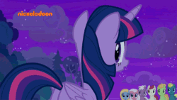 Size: 800x450 | Tagged: safe, screencap, end zone, fuchsia frost, goldy wings, loganberry, sugar maple, twilight sparkle, twilight sparkle (alicorn), alicorn, earth pony, pegasus, pony, a rockhoof and a hard place, animated, background pony, eh, female, friendship student, looking back, male, mare, nickelodeon, peppe ronnie, raised hoof, shrug, smiling, stallion