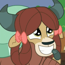 Size: 672x672 | Tagged: safe, screencap, yona, yak, a rockhoof and a hard place, animated, cloven hooves, cropped, cute, eye shimmer, female, gif, happy, hoof over mouth, smiling, yonadorable