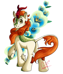 Size: 811x950 | Tagged: safe, artist:crystalchan2d, autumn blaze, kirin, sounds of silence, cloven hooves, female, flower, foal's breath, simple background, smiling, solo, transparent background