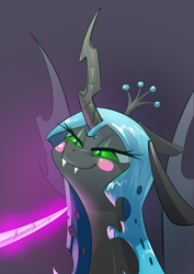 Size: 2480x3508 | Tagged: safe, artist:underpable, queen chrysalis, changeling, changeling queen, :t, blush sticker, blushing, curved horn, fangs, female, floppy ears, glowing horn, gradient background, gray background, horn, implied twilight sparkle, knife cat, lidded eyes, meme, offscreen character, ponified animal photo, shit eating grin, simple background, smiling, smirk, smug, smug bug, solo focus