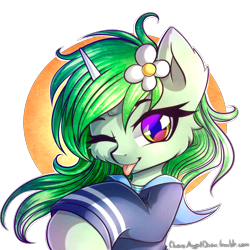 Size: 2000x2000 | Tagged: safe, artist:chaosangeldesu, oc, oc only, oc:cassi marinera, pony, unicorn, clothes, commission, flower, flower in hair, sailor uniform, simple background, smiling, solo, tongue out, transparent background