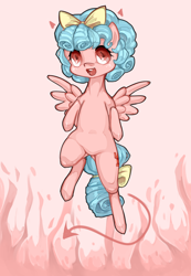 Size: 600x867 | Tagged: safe, artist:misukitty, cozy glow, pegasus, pony, school raze, devil, devil tail, female, filly, floating horn, looking at you, simple background, solo