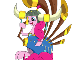 Size: 1850x1520 | Tagged: safe, artist:dualtry, pinkie pie, earth pony, pony, yakity-sax, female, helmet, honorary yak horns, horned helmet, mare, open mouth, simple background, solo, transparent background, viking helmet, yovidaphone