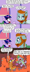 Size: 1000x2400 | Tagged: safe, artist:bjdazzle, rockhoof, smolder, spike, twilight sparkle, twilight sparkle (alicorn), alicorn, dragon, earth pony, pony, a rockhoof and a hard place, alternate scenario, beard, braid, comic, dragoness, emergency, facial hair, female, fire, freakout, male, mare, misunderstanding, now you fucked up, oops, panic, pointing, school of friendship, season 8 homework assignment, stallion, sweat, sweatdrop, this is fine, this will end in tears and/or death, winged spike