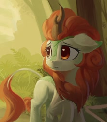 Size: 678x767 | Tagged: safe, artist:draconidsmxz, autumn blaze, kirin, sounds of silence, female, forest, looking back, mare, plant, sad, solo, tree, wip