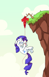 Size: 1701x2700 | Tagged: safe, artist:docwario, rarity, pony, unicorn, cliff, clothes, female, floppy ears, gritted teeth, hanging, holding on, mare, peril, raritober, solo, sweater, thread, wide eyes