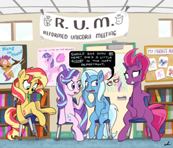 Size: 4200x3600 | Tagged: safe, artist:docwario, big macintosh, fizzlepop berrytwist, moondancer, princess cadance, princess celestia, princess luna, scootaloo, starlight glimmer, sunset shimmer, tempest shadow, trixie, twilight sparkle, twilight sparkle (alicorn), alicorn, pony, unicorn, my little pony: the movie, anatomically incorrect, broken horn, chair, counterparts, cute, female, filly, fun with acronyms, hang in there, hanging, humiliation, implied flurry heart, inconvenient trixie, incorrect leg anatomy, mare, pin the tail on the pony, princess big mac, reformed unicorn meeting, reformed villain, rocking chair, scootaloo can't fly, shaming, shimmerbetes, subtle as a train wreck, this will end in pain, twilight's counterparts