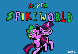 Size: 997x695 | Tagged: safe, artist:docwario, spike, twilight sparkle, dragon, pony, crossover, dragons riding ponies, parody, riding, simple background, super mario bros., super mario world, title screen, unamused