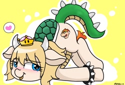 Size: 1024x696 | Tagged: safe, artist:parn, earth pony, pony, blushing, bowser, bowsette, crown, cute, face down ass up, fanart, female, heart, horns, jewelry, lovely, mare, pictogram, ponified, princess bowser, regalia, rule 63, simple background, smiling, solo, speech bubble, super crown, tongue out, tortoise shell, yellow background