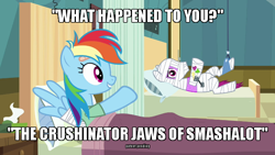 Size: 700x394 | Tagged: safe, edit, edited screencap, screencap, bandage pony, rainbow dash, rough tumble, earth pony, pegasus, pony, read it and weep, the washouts (episode), bandy, bed, broken bone, broken wing, caption, cast, full body wing and hoof cast drinking through a straw, image macro, looking at you, male, on back, stallion, text, wings