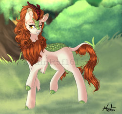 Size: 768x719 | Tagged: safe, artist:malinraf1615, autumn blaze, kirin, sounds of silence, forest, raised hoof, signature, solo, watermark