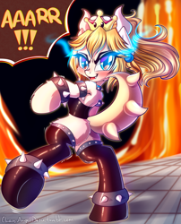 Size: 1618x2000 | Tagged: safe, artist:chaosangeldesu, hybrid, pony, angry, blue eyes, blushing, bowsette, clothes, crown, jewelry, ponified, regalia, smiling, socks, solo, super crown