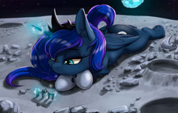 Size: 2480x1580 | Tagged: safe, artist:alcor, princess luna, alicorn, pony, bored, cheek fluff, ear fluff, earth, female, fluffy, frog (hoof), frown, glowing horn, hoof shoes, leg fluff, lidded eyes, magic, mare, moon, now kiss, on stomach, on the moon, planet, ponies playing with ponies, prone, raised tail, sad, solo, space, sploot, stars, tail, telekinesis, underhoof