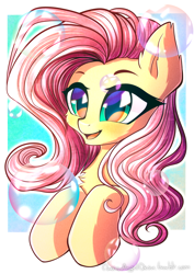 Size: 1414x2000 | Tagged: safe, alternate version, artist:chaosangeldesu, fluttershy, pegasus, pony, bubble, bust, chest fluff, cute, female, happy, mare, open mouth, portrait, shyabetes, smiling, solo