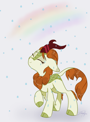 Size: 994x1350 | Tagged: safe, artist:imaplatypus, autumn blaze, kirin, sounds of silence, awwtumn blaze, cute, eyes closed, female, quadrupedal, rain, rainbow, solo, wet mane