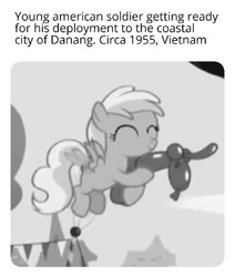 Size: 867x1024 | Tagged: safe, edit, edited screencap, screencap, pegasus, pony, the one where pinkie pie knows, caption, cropped, deployment, fake history, ignorance is bliss, image macro, implied weaponry, meme, monochrome, oh no, shitposting, soldier, solo, text, this will not end well, vietnam, vietnam war