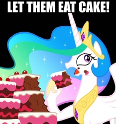 Size: 745x799 | Tagged: safe, princess celestia, alicorn, pony, cake, cakelestia, caption, female, food, let them eat cake, mare, marie antoinette, solo, tyrant celestia