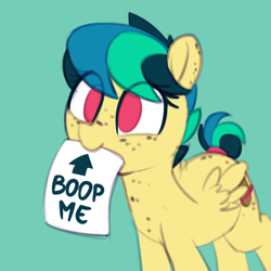 Size: 974x974 | Tagged: safe, artist:shinodage, oc, oc only, oc:apogee, pegasus, pony, asking for it, body freckles, boop bait, bronybait, cute, diageetes, eye clipping through hair, female, filly, freckles, green background, mouth hold, no pupils, ocbetes, ponyo, sign, simple background, smiling, solo