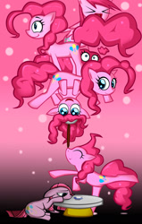 Size: 1280x2013 | Tagged: safe, artist:greedforgreen, pinkie pie, earth pony, pony, 2012, female, happy, juggling, mare, multeity, pinkamena diane pie, sad, too much pink energy is dangerous