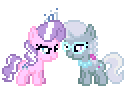 Size: 126x86 | Tagged: safe, artist:botchan-mlp, diamond tiara, silver spoon, earth pony, pony, animated, bump bump sugar lump rump, butt bump, butt to butt, butt touch, cute, desktop ponies, duo, female, filly, glasses, pixel art, simple background, sprite, transparent background