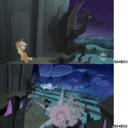 Size: 720x720 | Tagged: safe, applejack, princess celestia, princess luna, alicorn, dragon, earth pony, gargoyle, pony, castle mane-ia, princess twilight sparkle (episode), season 4, comparison, hub logo, hubble, solo, the hub