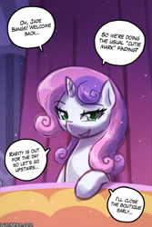 Size: 750x1125 | Tagged: safe, artist:lumineko, sweetie belle, pony, unicorn, implied rarity, implied sex, looking at you, mare, older, older sweetie belle, open mouth, speech bubble, talking