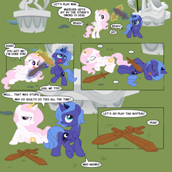 Size: 1200x1200 | Tagged: safe, artist:sketchyjackie, princess celestia, princess luna, alicorn, pony, ..., :p, bipedal, bored, calvin and hobbes, cewestia, colored, comic, cute, cutelestia, double knockout, eyes closed, fight, filly, floppy ears, frown, lunabetes, magic, on back, on side, open mouth, playing, playing dead, raised leg, rearing, roleplaying, smiling, sword, telekinesis, tongue out, walking, war, weapon, wooden sword, woona, younger