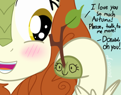 Size: 1920x1500 | Tagged: safe, artist:xwoofyhoundx, autumn blaze, kirin, sounds of silence, autumn blaze's puppet, blushing, dialogue, solo