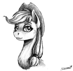 Size: 1200x1159 | Tagged: safe, artist:sa1ntmax, applejack, earth pony, pony, bust, hat, looking at you, monochrome, portrait, sketch, solo