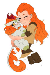 Size: 865x1280 | Tagged: safe, artist:glorious-rarien, autumn blaze, human, kirin, pony, sounds of silence, aloy, awwtumn blaze, blushing, cloven hooves, colored hooves, crossover, cute, duo, eyes closed, female, horizon zero dawn, hug, nuzzling, simple background, smiling, white background