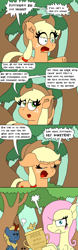 Size: 1000x3200 | Tagged: safe, artist:bjdazzle, applejack, fluttershy, winter flame, earth pony, kirin, pegasus, pony, sounds of silence, stare master, blushing, chibi, comic, concerned, determined, female, mare, mute, quiet, season 8 homework assignment, serious, serious face, shhh, speech bubble, speechless, teary eyes, tree, trophy, uh oh, world champ, worried