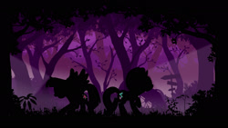 Size: 1920x1080 | Tagged: safe, artist:probaldr, starlight glimmer, twilight sparkle, twilight sparkle (alicorn), alicorn, pony, unicorn, dark, duo, forest, silhouette, wallpaper