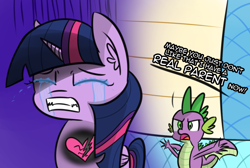 Size: 1285x866 | Tagged: safe, artist:artiks, spike, twilight sparkle, twilight sparkle (alicorn), alicorn, dragon, father knows beast, crying, dialogue, heartbreak, karma, oh no you didn't, sad, scene interpretation, this ended in tears, winged spike