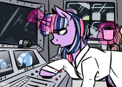 Size: 3500x2500 | Tagged: safe, artist:lrusu, trixie, twilight sparkle, pony, unicorn, fallout equestria, fallout equestria illustrated, clothes, fanfic, fanfic art, female, glowing horn, hooves, horn, lab coat, levitation, magic, mare, maripony, ministry mares, ministry of arcane sciences, open mouth, splendid valley, telekinesis