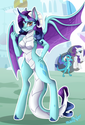 Size: 2000x2938 | Tagged: safe, artist:mailner, princess ember, rarity, anthro, dragon, blushing, breasts, cutie mark, fangs, female, fusion, fusion:embrarity, horn, horns, looking at you, narrowed eyes, solo, species swap, spread wings, unshorn fetlocks, wings