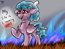 Size: 1600x1200 | Tagged: safe, artist:brainiac, cozy glow, pegasus, pony, school raze, dialogue, female, filly, fire, foal, folded wings, hell, mare, pure concentrated unfiltered evil of the utmost potency, pure unfiltered evil, raised hoof, solo, tartarus, text, wings