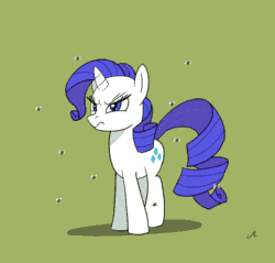 Size: 720x687 | Tagged: safe, artist:docwario, rarity, pony, unicorn, school raze, angry, animated, female, flies, green background, horses doing horse things, mare, raritober, simple background, tail flip