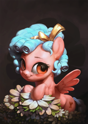 Size: 850x1200 | Tagged: safe, artist:assasinmonkey, cozy glow, pegasus, pony, school raze, bow, dark background, female, filly, flower, foal, hair bow, looking at you, simple background, solo, spread wings, wings