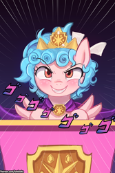 Size: 750x1125 | Tagged: safe, artist:lumineko, cozy glow, pegasus, pony, school raze, empress, female, filly, foal, jojo's bizarre adventure, menacing, pure concentrated unfiltered evil of the utmost potency, smiling, solo, villainess, ゴ ゴ ゴ