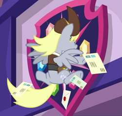 Size: 879x835 | Tagged: safe, screencap, derpy hooves, pegasus, pony, school raze, clothes, crash, cropped, faceplant, female, hat, letter, mailmare, mailmare hat, mare, ouch, solo, uniform