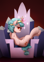 Size: 1768x2500 | Tagged: safe, artist:liny-an, cozy glow, pegasus, pony, school raze, bad end, big crown thingy, crown, cutie mark, digital art, evil, female, filly, foal, freckles, friendship throne, glowing eyes, jewelry, pure concentrated unfiltered evil of the utmost potency, pure unfiltered evil, regalia, sitting, smiling, solo, throne
