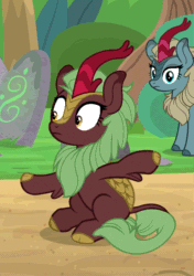 Size: 723x1026 | Tagged: safe, screencap, cinder glow, sparkling brook, summer flare, kirin, sounds of silence, animated, background kirin, charades, cinderbetes, cloven hooves, club can't handle me, cropped, cute, female, flailing, frown, gif, hooves, leg fluff, noodle arms, silly, sitting, wide eyes