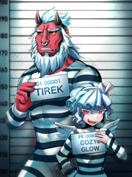 Size: 800x1072 | Tagged: safe, artist:tzc, cozy glow, lord tirek, human, pegasus, pony, school raze, anime, clothes, duo, female, humanized, male, nose piercing, nose ring, piercing, prison outfit, prison stripes, prisoner, pure concentrated unfiltered evil of the utmost potency, pure unfiltered evil, smiling, winged humanization, wings