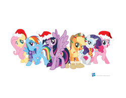 Size: 725x565 | Tagged: safe, applejack, fluttershy, pinkie pie, rainbow dash, rarity, twilight sparkle, twilight sparkle (alicorn), alicorn, earth pony, pegasus, pony, unicorn, best gift ever, christmas, clothes, hat, hearth's warming eve, holiday, mane six, official, santa hat, scarf, simple background, white background