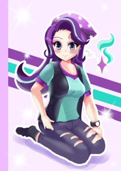 Size: 1240x1754 | Tagged: safe, artist:love2eategg, starlight glimmer, equestria girls, mirror magic, spoiler:eqg specials, anime, beanie, blushing, clothes, cute, female, glimmerbetes, hat, human coloration, pants, solo, torn clothes, vest, watch