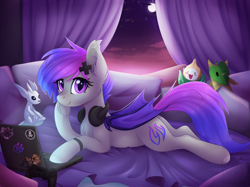 Size: 3303x2472 | Tagged: safe, artist:doekitty, oc, oc only, oc:afternight, bat pony, pony, bat pony oc, bed, computer, controller, curtains, female, headphones, laptop computer, looking at you, lying, mare, night, plushie, prone, smiling, solo